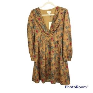 The Korner floral long sleeve split v neck flare mini dress size S nwt